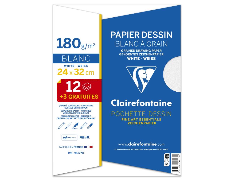 PAPIER DESSIN CLAIREFONTAINE  GRAIN 180G 24x32CM POCHETTE DE 15U LOT 30 POCHETTES