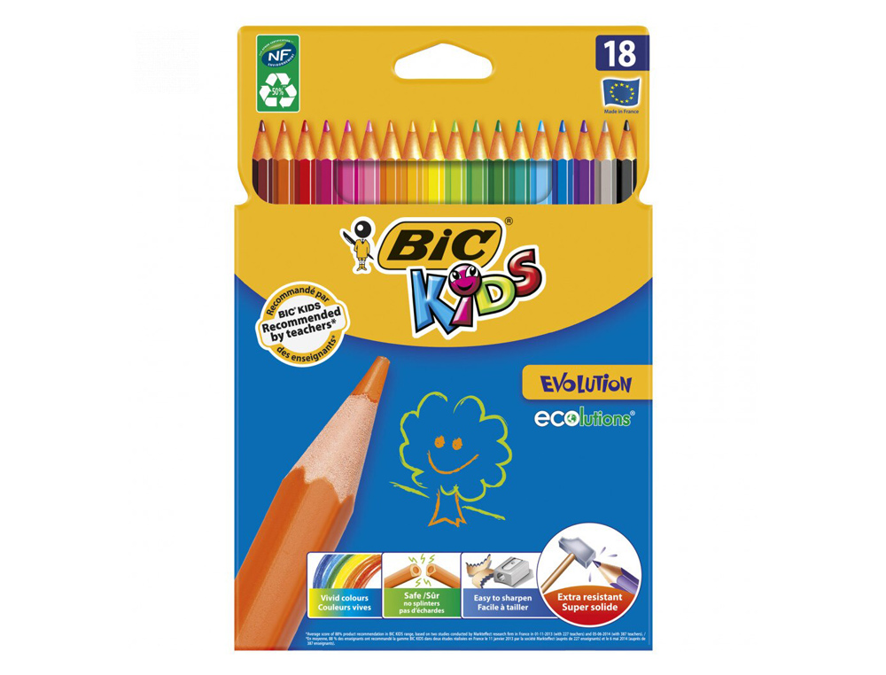 CRAYON COULEUR BIC KIDS EVOLUTION RÉSINE SYNTHÈSE 175MM MINE RÉSISTANTE RÉSISTE MORDILLAGE ÉTUI CARTON 18 UNITÉS