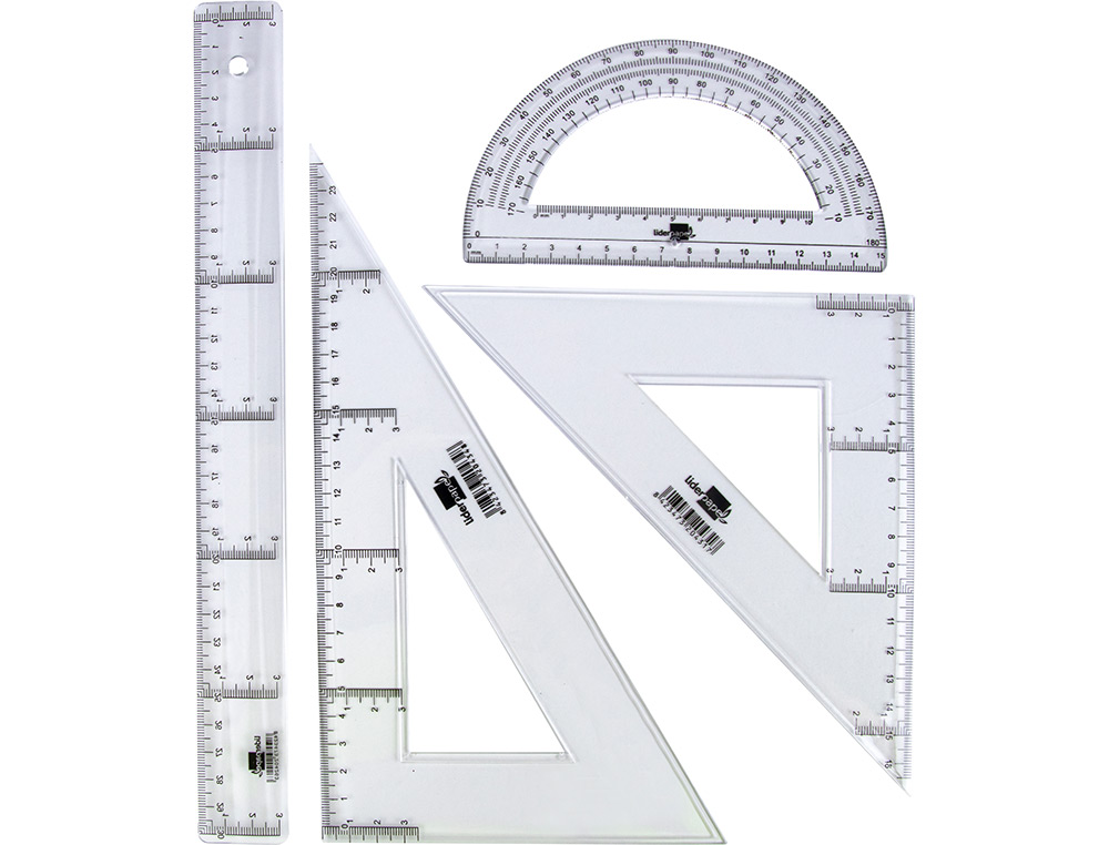 SET TRAÇAGE LIDERPAPEL 4 PIÈCES RÈGLE 30CM ÉQUERRES 45/60 DEGRÉS 25CM RAPPORTEUR 180 DEGRÉS 15CM TRANSPARENT