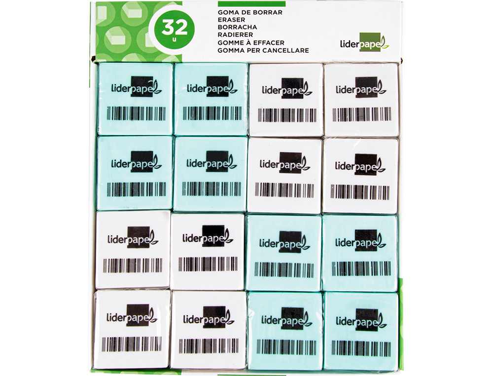 GOMME LIDERPAPEL 12X29X29MM CARRÉE MIE DE PAIN CAOUTCHOUC EFFACE CRAYONS GRAPHITE COLORIS BLANC OU BLEU