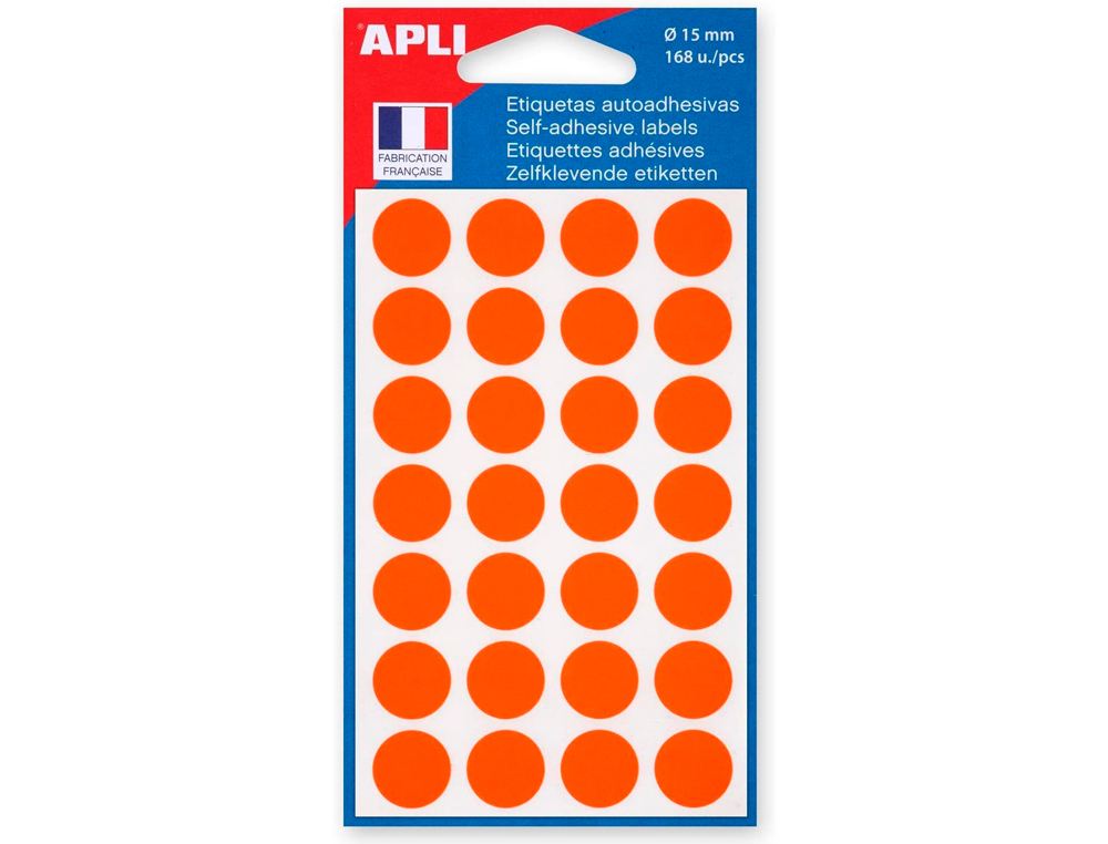 PASTILLE ADHÉSIVE APLI AGIPA DIAMÈTRE 15MM PERMANENTE COLORIS ORANGE POCHETTE 168 UNITÉS