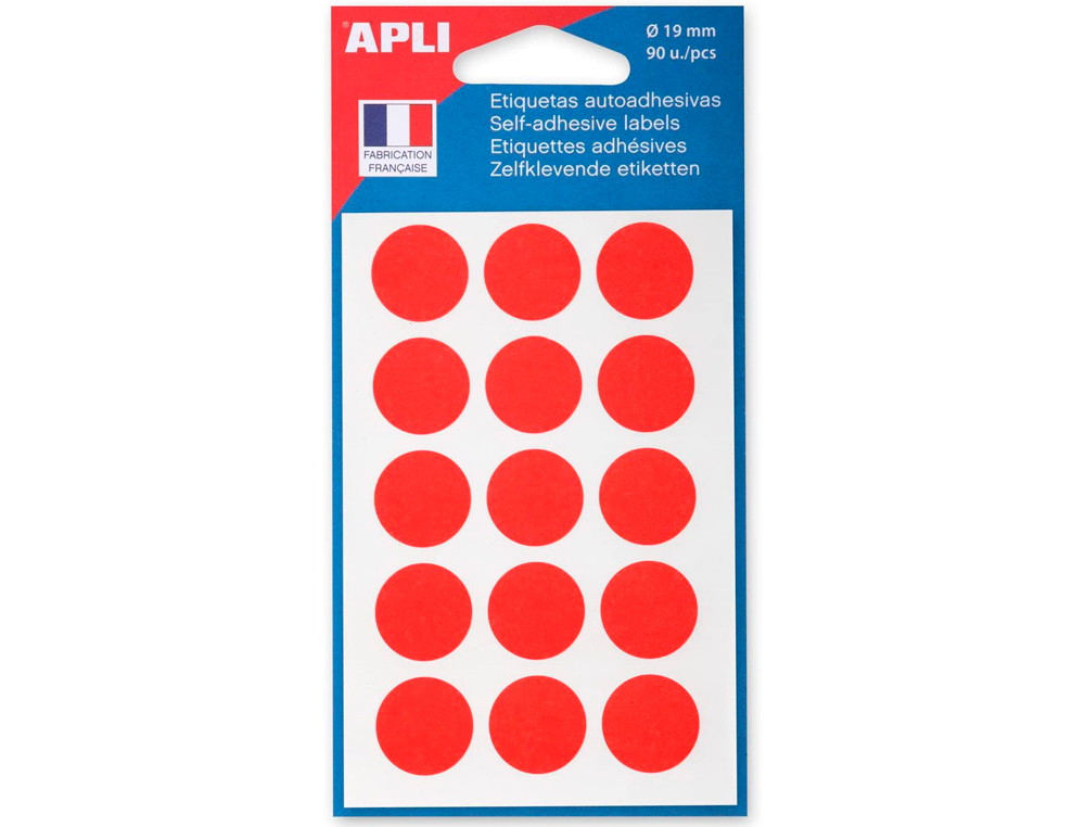 PASTILLE ADHÉSIVE APLI AGIPA DIAMÈTRE 19MM PERMANENTE COLORIS ROUGE POCHETTE 90 UNITÉS