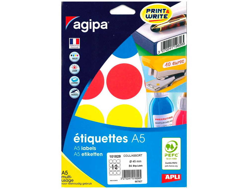 PASTILLE ADHÉSIVE APLI AGIPA DIAMÈTRE 45MM COLORIS ASSORTIS POCHETTE 84 UNITÉS