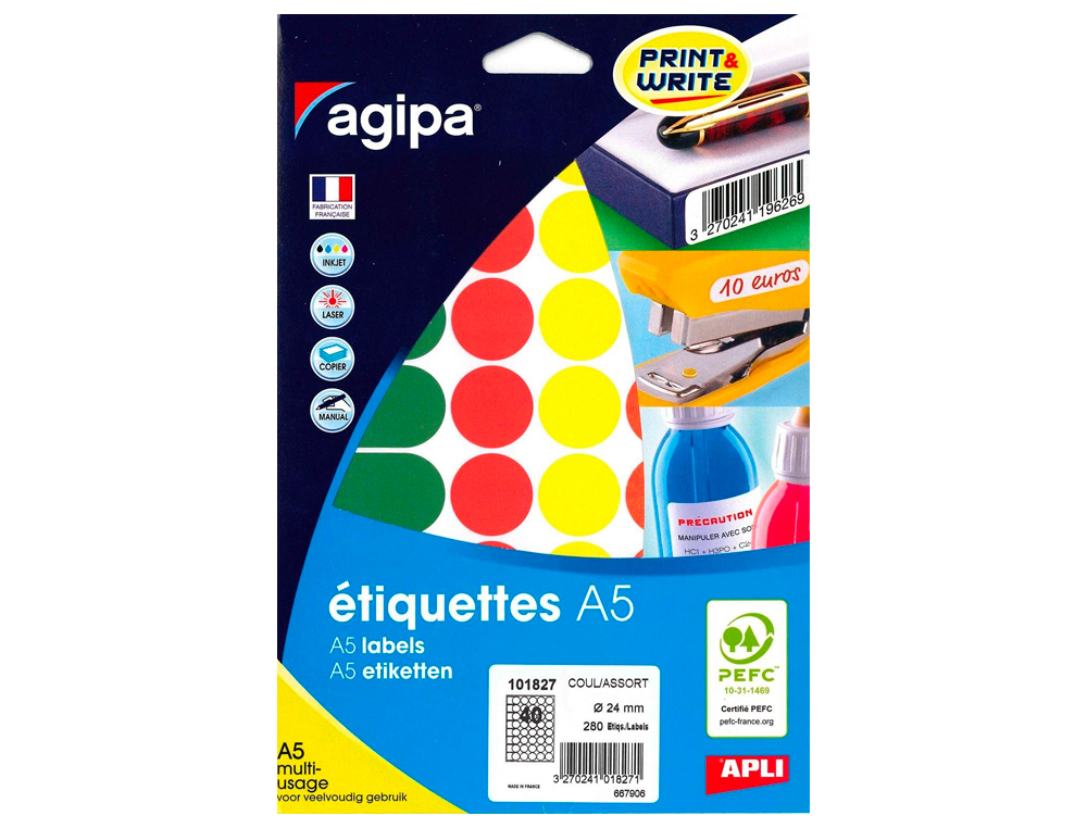 PASTILLE ADHÉSIVE APLI AGIPA DIAMÈTRE 24MM COLORIS ASSORTIS POCHETTE 280 UNITÉS
