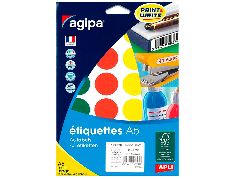 PASTILLE ADHÉSIVE APLI AGIPA DIAMÈTRE 30MM COLORIS ASSORTIS POCHETTE 168 UNITÉS