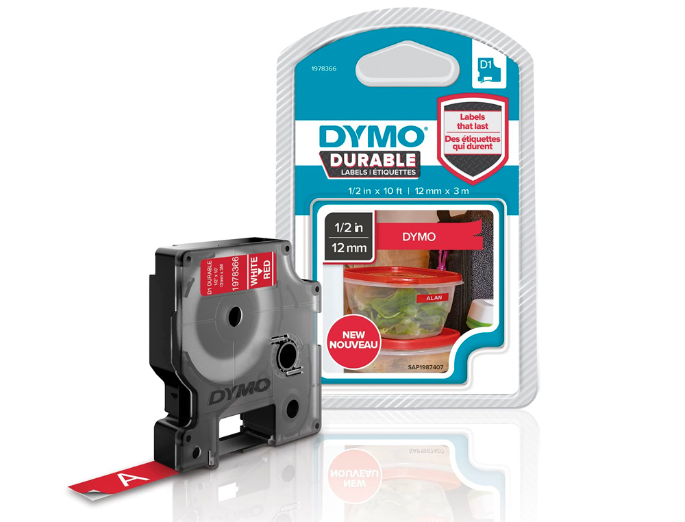 RUBAN DYMO D1 POLYESTER ADHSIF PERMANENT 12MMX3M BLANC/ROUGE