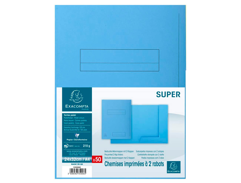 CHEMISE EXACOMPTA SUPER CARTE SEMI RIGIDE 240X320MM 210G IMPRIME 2 RABATS COLORIS BLEU CLAIR LOT 50 UNITS
