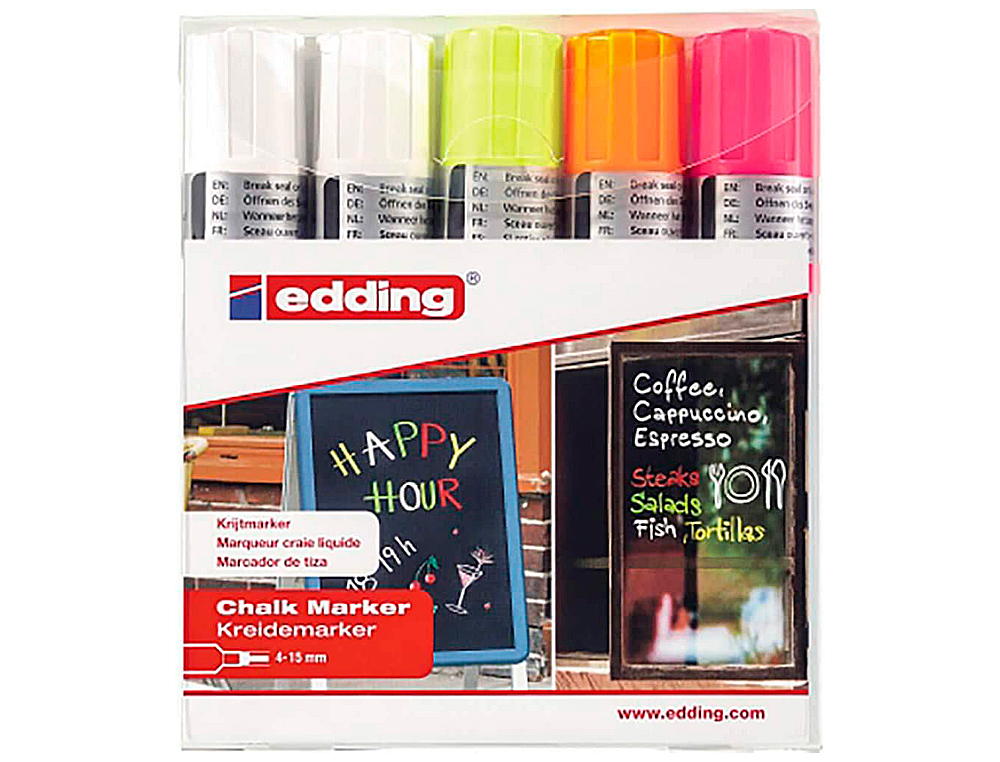 MARQUEUR EDDING CRAIE LIQUIDE E4090 FENTRE ARDOISE VERRE POINTE BISEAUTE TRAC 4/15MM ASSORTIS FLUOR POCHETTE 5 UNITS