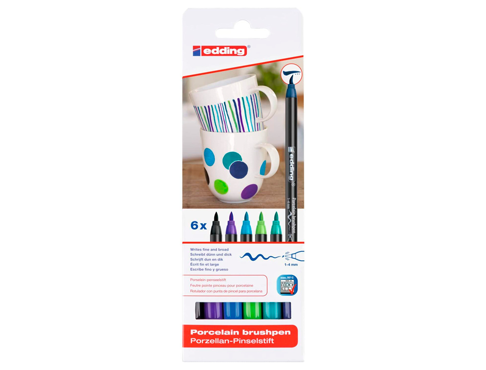 FEUTRE EDDING PORCELAINE E4200 CRAMIQUE MAILLE VERRE POINTE PINCEAU FINE FLEXIBLE POCHETTE 6 COLORIS FROIDS