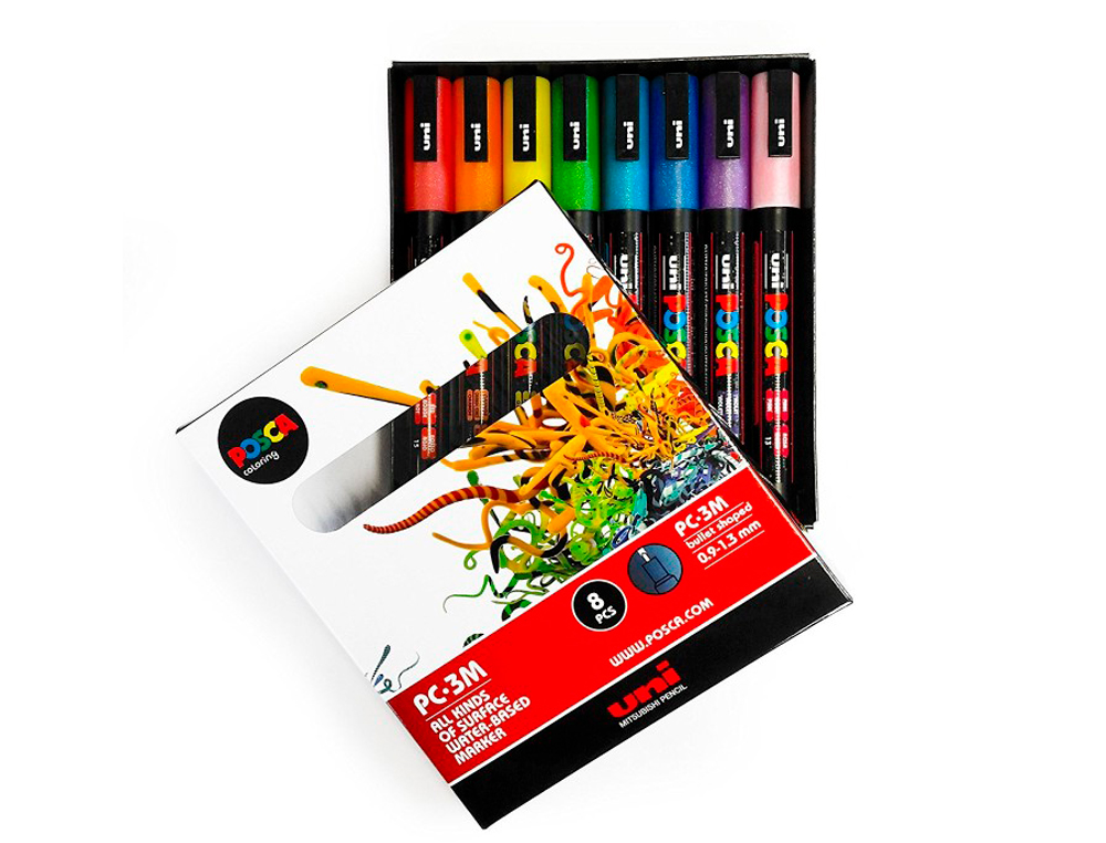 MARQUEUR POSCA PC3M GOUACHE ENCRE INODORE TOUTES SURFACES POINTE FINE CONIQUE COLORIS ASSORTIS PAILLETEES 8 UNITÉS