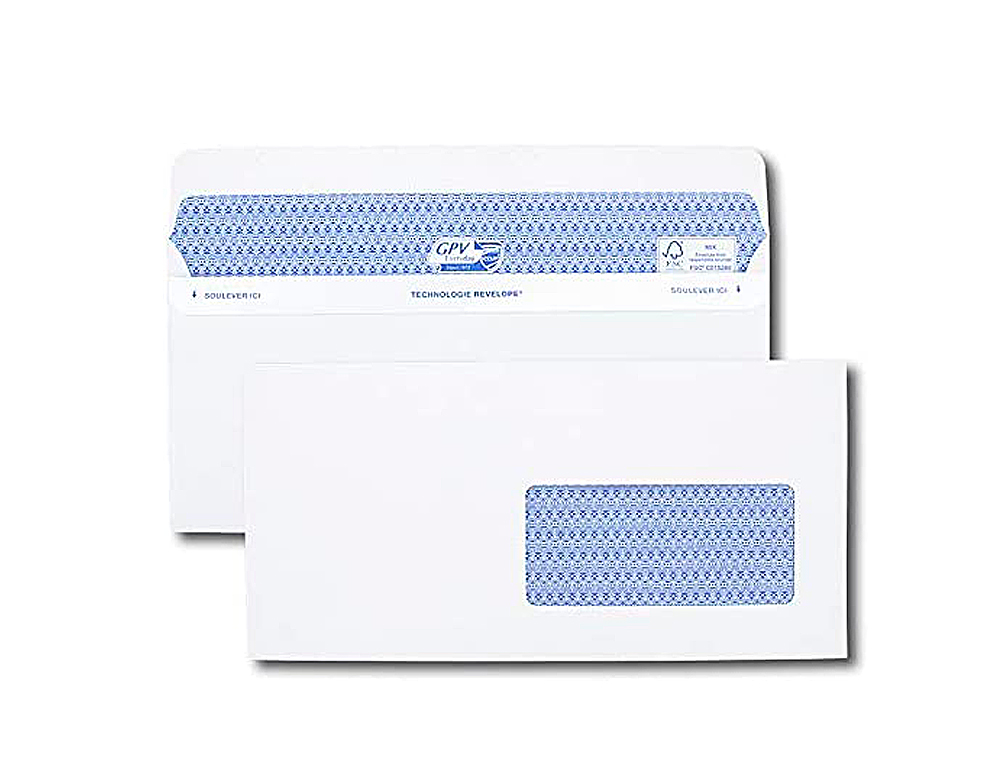ENVELOPPE GPV DL+ 112X225MM 90G ADHÉSIVE FERMETURE RAPIDE SÉCURISÉE DÉFINITIVE FENÊTRE 45X100MM BLANCHE BOÎTE 100 UNITÉS