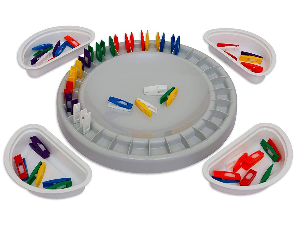 JEU DOMINO PÉDAGOGIQUE COMPOSITION PLATEAU CIRCULAIRE 28CM 28 MINI-PINCES 4CM 4 BACS ADAPTÉ 4 ENFANTS DÈS 3 ANS