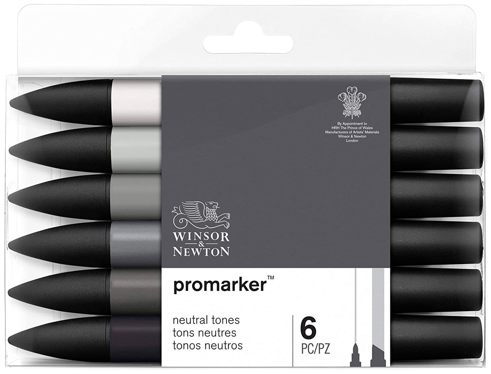 MARQUEUR PROFESSIONNEL W&N PROMARKER DOUBLE POINTE TONS NEUTRES GRIS FROID/NOIR SET 6 UNITÉS 0290154