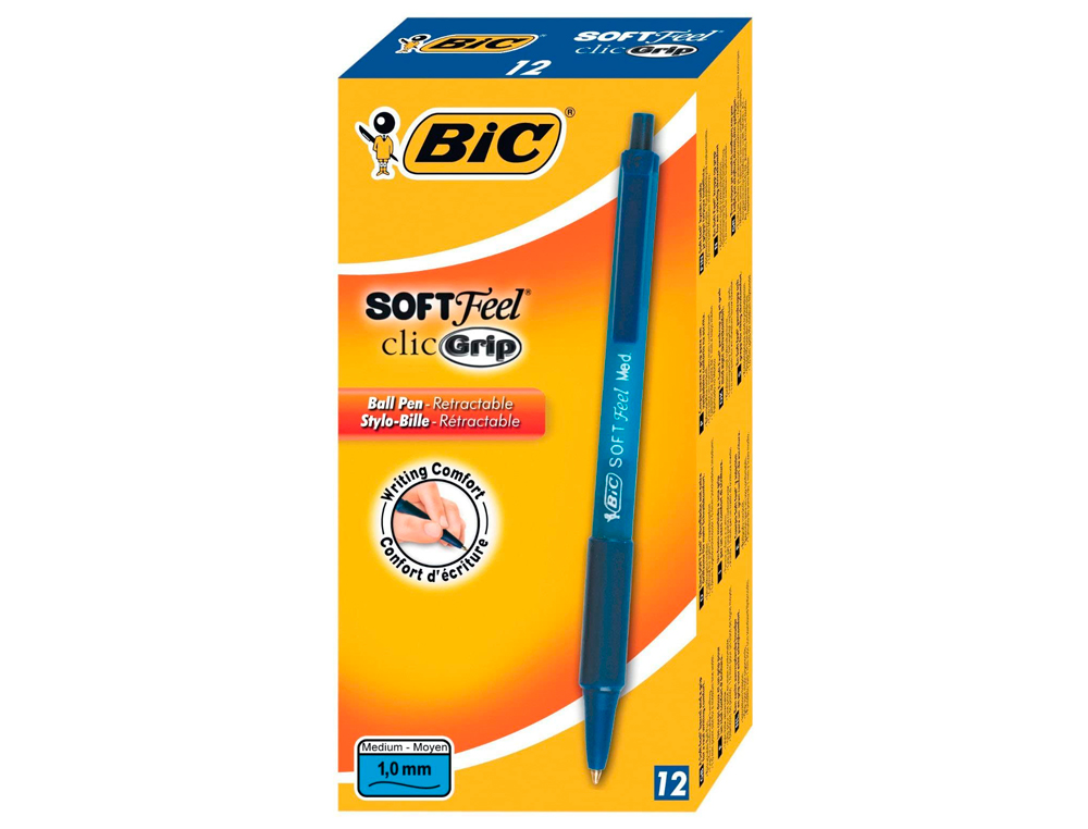 STYLO-BILLE BIC SOFT FEEL POINTE MOYENNE 1MM RÉTRACTABLE CLIP GRIP CORPS CAOUTCHOUC COULEUR BLEU
