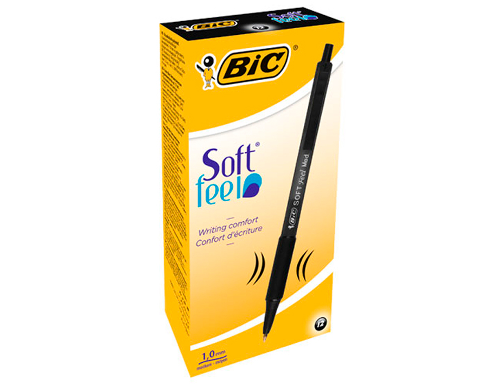 STYLO-BILLE BIC SOFT FEEL POINTE MOYENNE 1MM RÉTRACTABLE CLIP GRIP CORPS CAOUTCHOUC COULEUR NOIR