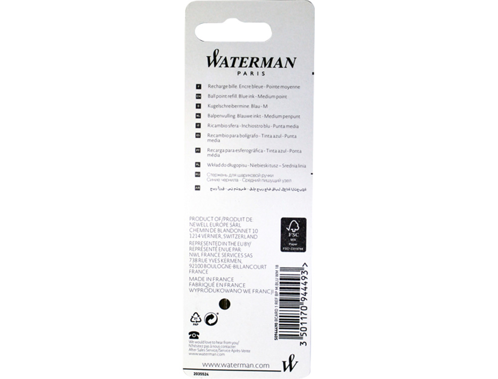 RECHARGE WATERMAN STYLO-BILLE MAXIMA LARGEUR MOYENNE COLORIS BLEU