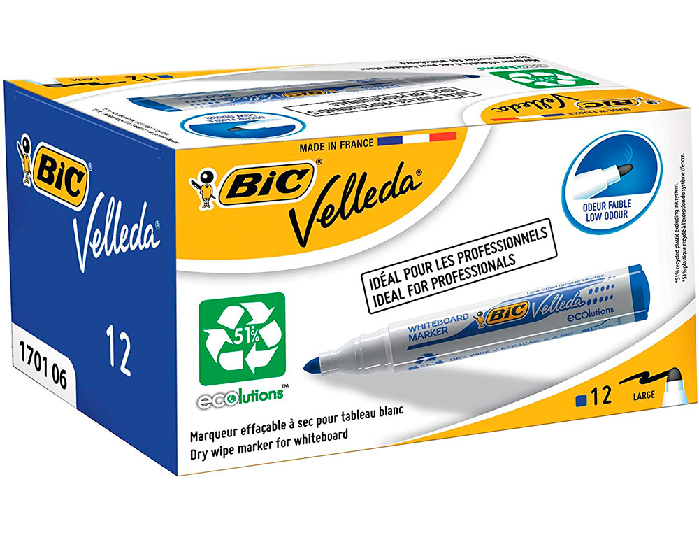 MARQUEUR BIC VELLEDA 1701 EFFAABLE POINTE OGIVE TRAC 1-5MM ENCRE BASE ALCOOL INODORE CORPS PLASTIQUE BLEU