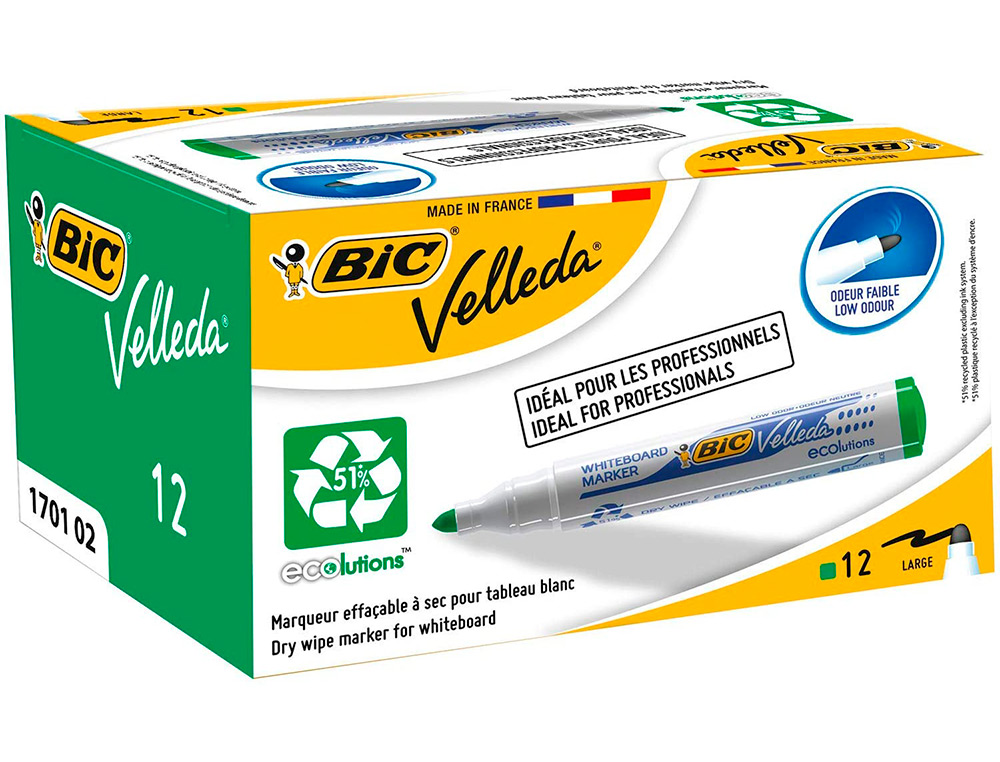 MARQUEUR BIC VELLEDA 1701 EFFAÇABLE POINTE OGIVE TRACÉ 1.5MM ENCRE BASE ALCOOL INODORE CORPS PLASTIQUE VERT