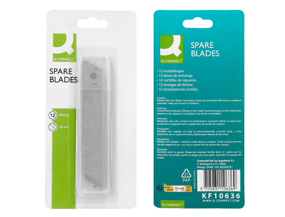 LAME 18MM DE RECHANGE Q-CONNECT POUR CUTTERS        KF10632/KF10635/KF10937/KF10634 BLISTER 12 UNITES