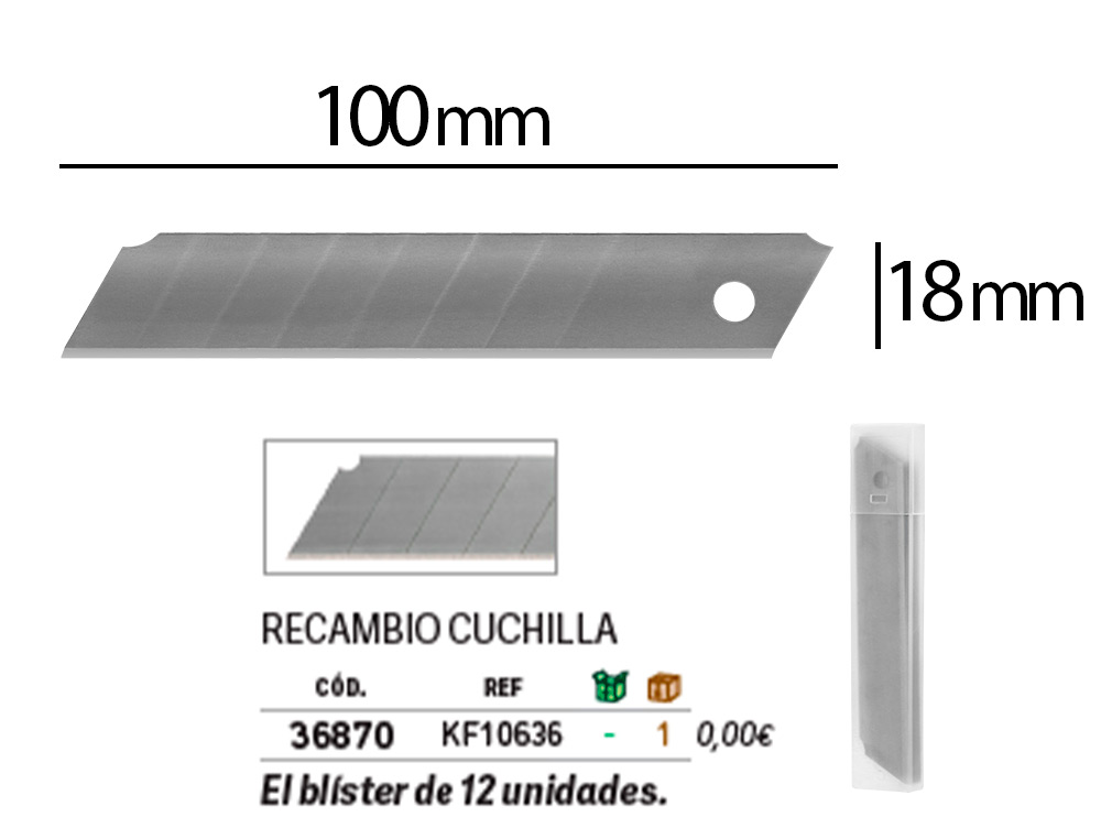 LAME 18MM DE RECHANGE Q-CONNECT POUR CUTTERS        KF10632/KF10635/KF10937/KF10634 BLISTER 12 UNITES
