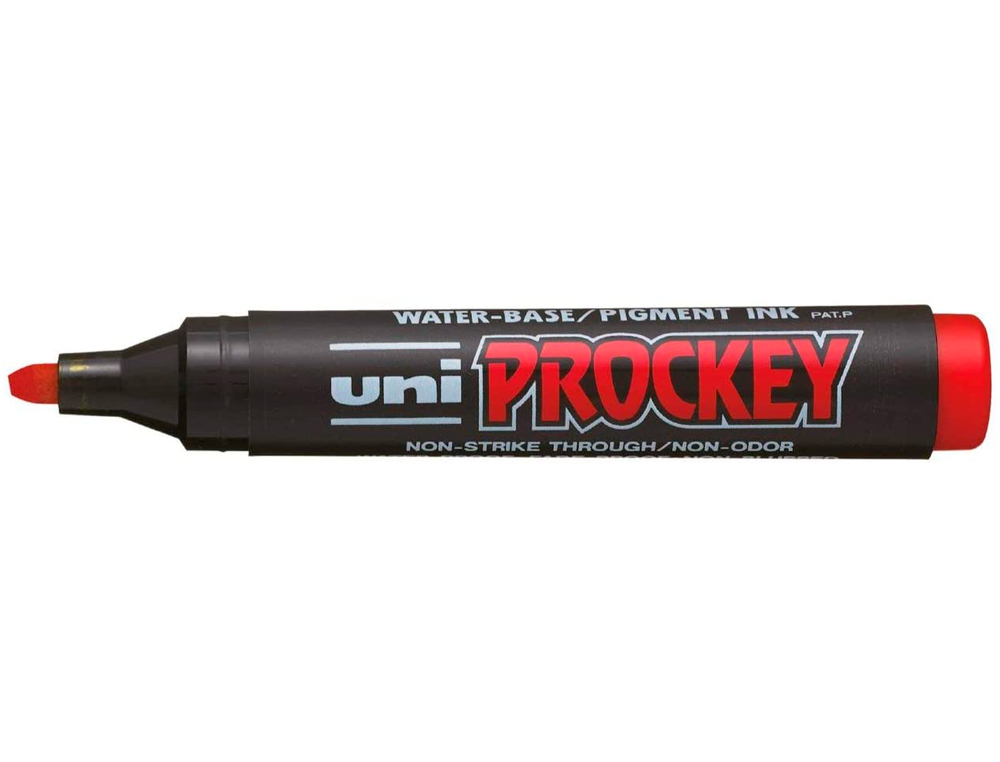 MARQUEUR UNIBALL UNI PROCKEY PERMANENT POINTE BISEAUTÉE TRACÉ 2/5MM ENCRE SANS ALCOOL CORPS PLASTIQUE COLORIS ROUGE