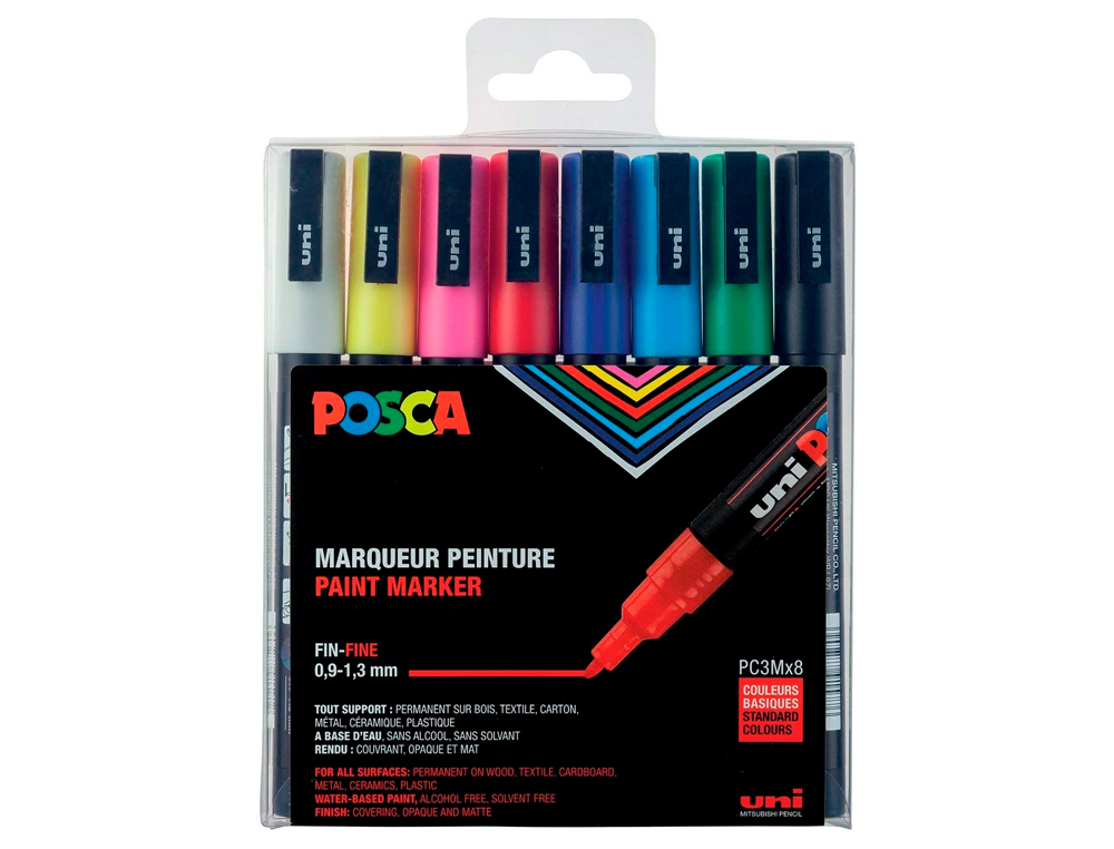 MARQUEUR POSCA PC3M GOUACHE ENCRE INODORE TOUTES SURFACES POINTE FINE CONIQUE COLORIS ASSORTIS TUI 8 UNITS