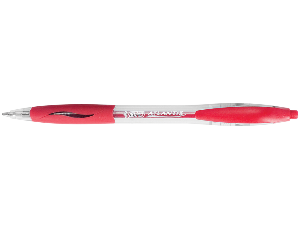STYLO-BILLE BIC ATLANTIS ÉCRITURE MOYENNE 0.5MM ENCRE DOUCE BILLE RÉCTRACTABLE CORPS CRISTAL CLIP GRIP PRÉHENSION ROUGE