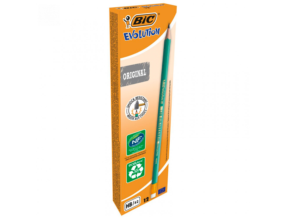 CRAYON GRAPHITE BIC ÉVOLUTION HEXAGONAL CORPS RÉSINE SYNTHÈSE RÉSISTE MORDILLAGE MINE HB BOUT GOMME