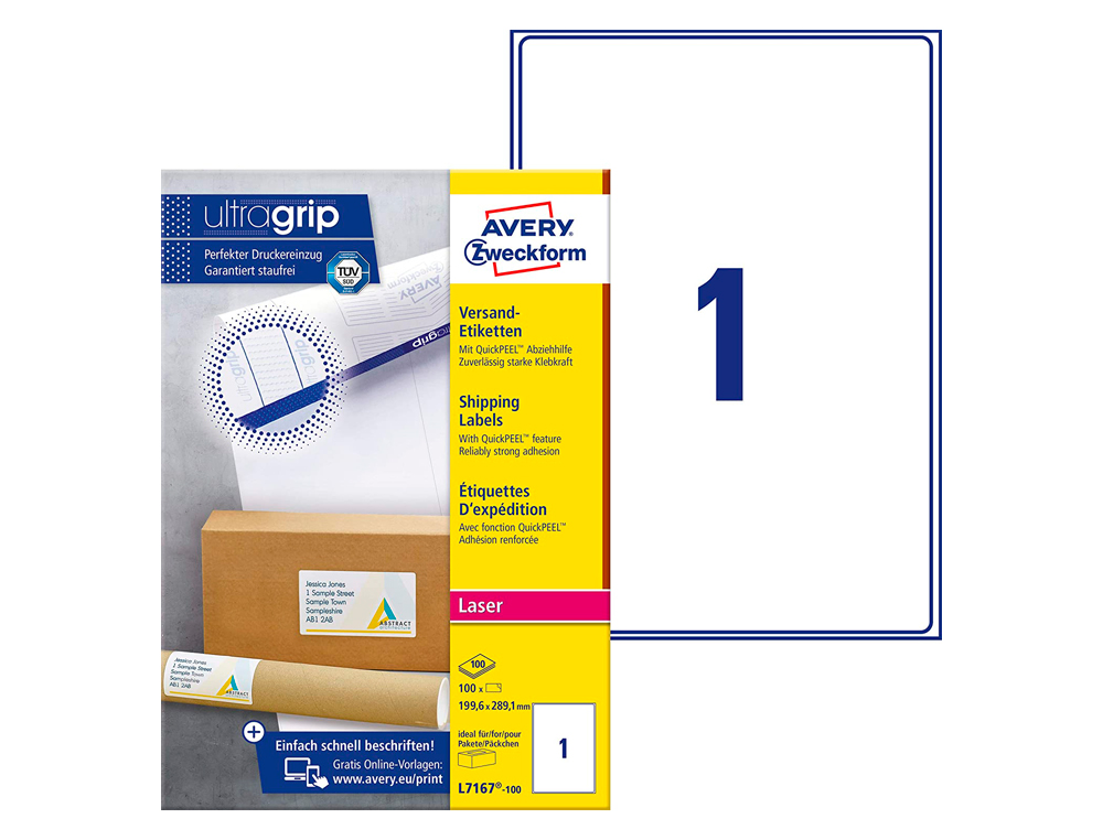 ÉTIQUETTE ADHÉSIVE AVERY LASER OPAQUE TRÈS BLANCHE 199.6X289.1MM BOÎTE 100 UNITÉS