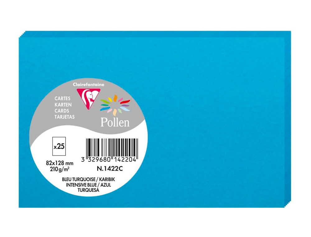 PAPIER CORRESPONDANCE CLAIREFONTAINE COULEURS POLLEN 210G/M2 82X128MM COLORIS BLEU TURQUOISE PAQUET 25 FEUILLES