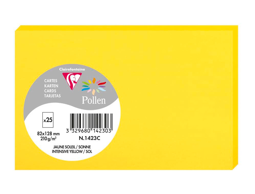 PAPIER CORRESPONDANCE CLAIREFONTAINE COULEURS POLLEN 210G/M2 82X128MM COLORIS JAUNE SOLEIL PAQUET 25 FEUILLES