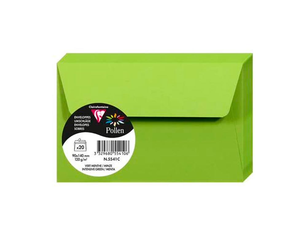 ENVELOPPE CLAIREFONTAINE POLLEN 90X140MM 120G COLORIS VERT MENTHE PAQUET 20 UNITÉS