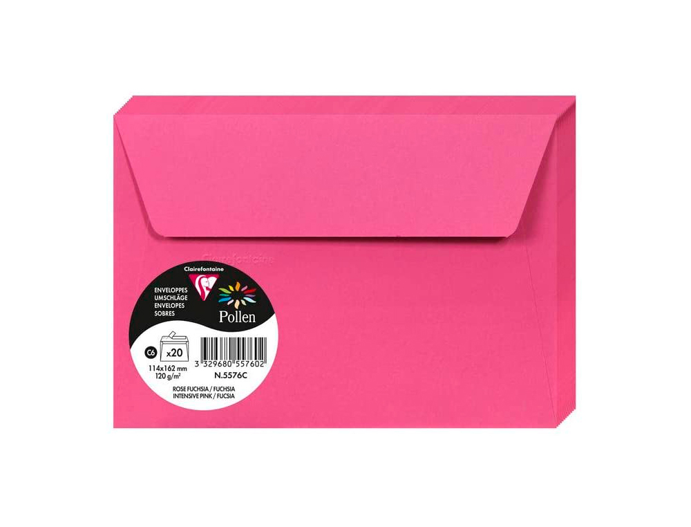 ENVELOPPE CLAIREFONTAINE POLLEN C6 114X162MM 120G COLORIS ROSE FUCHSIA PAQUET 20 UNITÉS