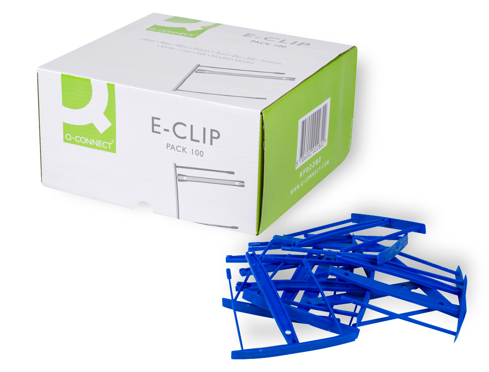 RELIEUR FASTENEUR Q-CONNECT PLASTIQUE E-CLIPS COULEUR BLEUE BOÎTE 100 UNITÉS