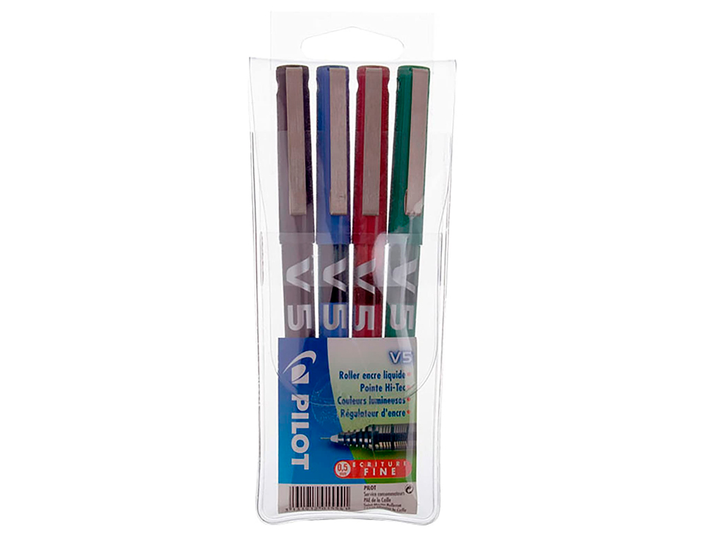 STYLO PILOT V5 ÉCRITURE FINE 0.3MM CLIP MÉTAL ENCRE LIQUIDE NIVEAU VISIBLE POINTE INDÉFORMABLE POCHETTE 4 UNITÉS