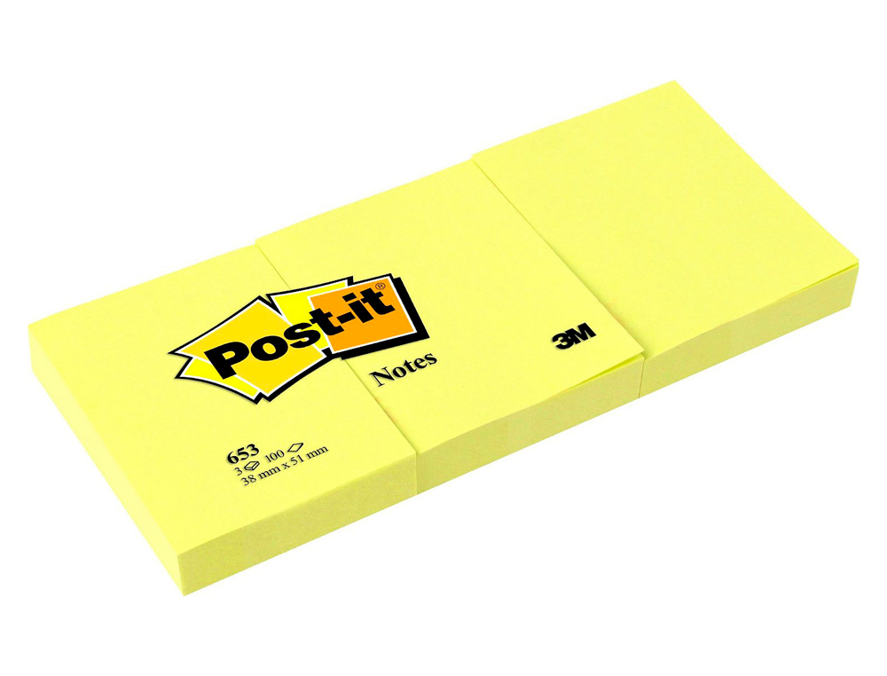 BLOC-NOTES POST-IT 653 51X38MM 100F/BLOC REPOSITIONNABLES COLORIS JAUNE ÉTUI 3 BLOCS