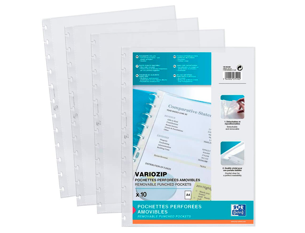 POCHETTE ELBA RECHARGE PROTÈGE-DOCUMENTS VARIO ZIP POLYVISION CRISTAL LISSE A4 210X297MM PAQUET 10 UNITÉS