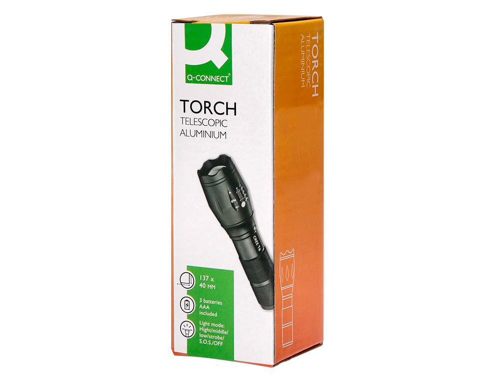 LAMPE TORCHE Q-CONNECT TLESCOPIQUE ALUMINIUM CLAIRAGE 5 NIVEAUX BOUTON ARRET 3 PILES AAA FOURNIES COLORIS NOIR