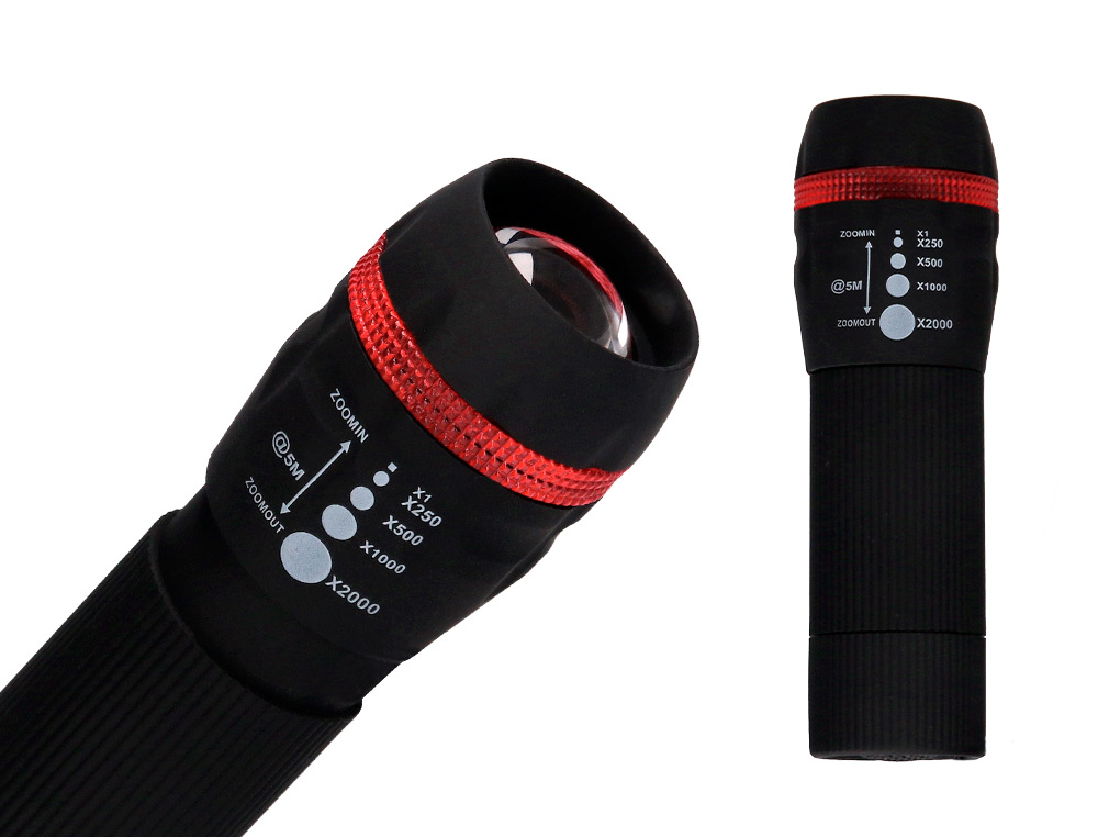 LAMPE TORCHE Q-CONNECT PLASTIQUE AVEC ZOOM 1 WATT MODE ÉCLAIRAGE ON/OFF 3 PILES AAA FOURNIES COLORIS NOIR/ROUGE
