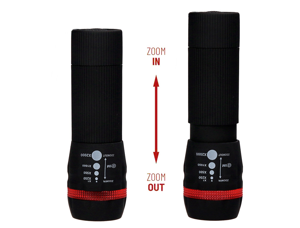 LAMPE TORCHE Q-CONNECT PLASTIQUE AVEC ZOOM 1 WATT MODE ÉCLAIRAGE ON/OFF 3 PILES AAA FOURNIES COLORIS NOIR/ROUGE