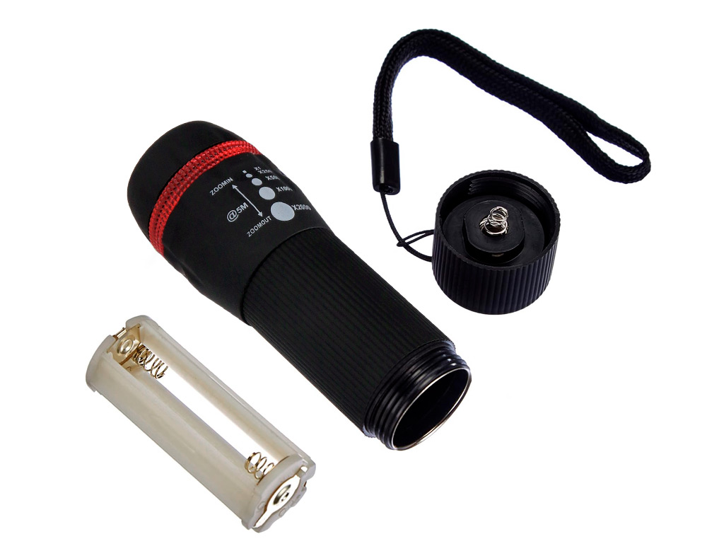 LAMPE TORCHE Q-CONNECT PLASTIQUE AVEC ZOOM 1 WATT MODE ÉCLAIRAGE ON/OFF 3 PILES AAA FOURNIES COLORIS NOIR/ROUGE