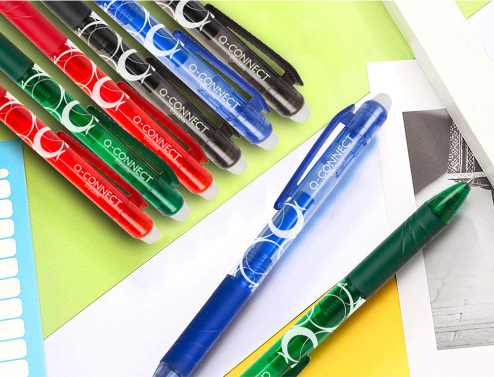 ROLLER Q-CONNECT CRITURE MOYENNE 0.7MM ENCRE EFFAABLE GRIP PRHENSION GOMME SERTIE COLORIS BLEU