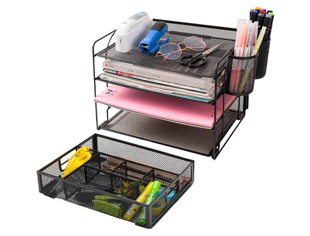 ORGANISEUR BUREAU Q-CONNECT MAILLE MTALLIQUE 6 COMPARTIMENTS 235X183X65MM COLORIS NOIR