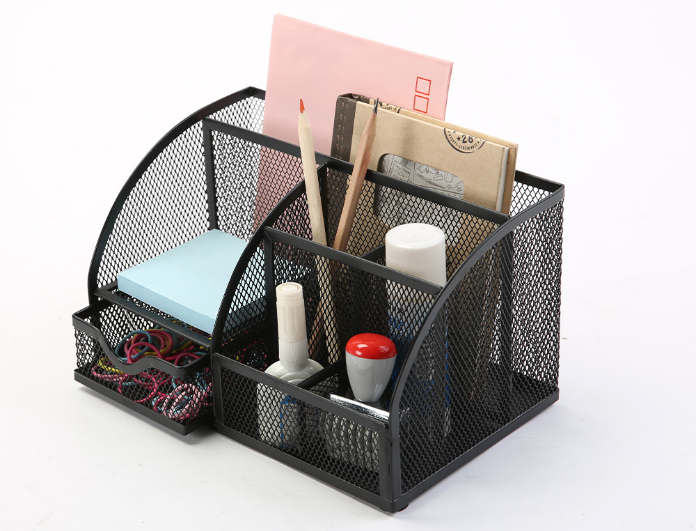 ORGANISEUR BUREAU Q-CONNECT MAILLE MÉTALLIQUE 5 COMPARTIMENTS ET 1 TIROIR 220X140X130MM COLORIS NOIR