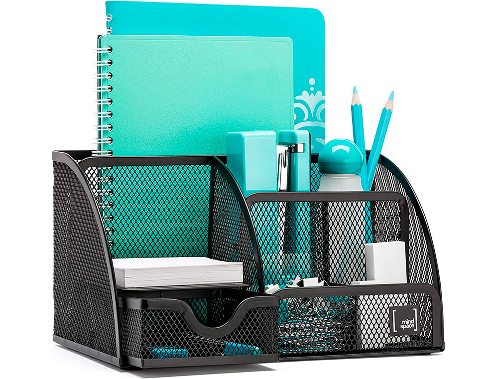 ORGANISEUR BUREAU Q-CONNECT MAILLE MÉTALLIQUE 5 COMPARTIMENTS ET 1 TIROIR 220X140X130MM COLORIS NOIR