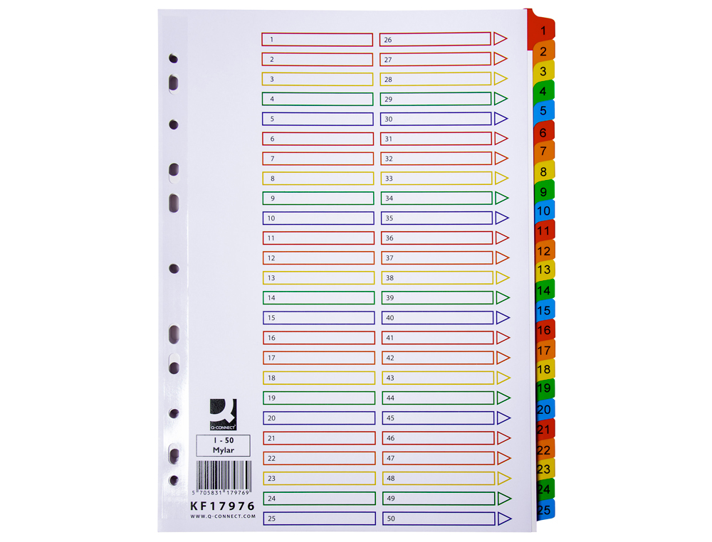 INTERCALAIRE Q-CONNECT NUMÉRIQUE PLASTIQUE 25 POSITIONS A4 210X297MM CARTE MYLAR 50 TOUCHES