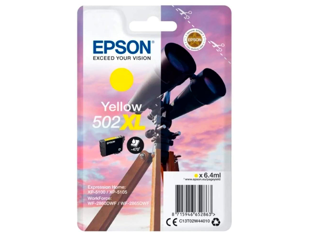 CARTOUCHE EPSON JET D'ENCRE 502 XL EXPRESSION HOME XP 5100/5105 WORKFORCE WF2860/2860DWF COULEUR JAUNE 470P