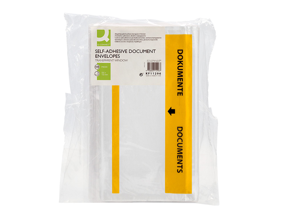 POCHETTE PORTE-DOCUMENTS Q-CONNECT 225X122MM AUTO-ADHESIVE TRANSPARENTE TEXTE FRANCAIS ALLEMAND BOITE 1000 UNITES