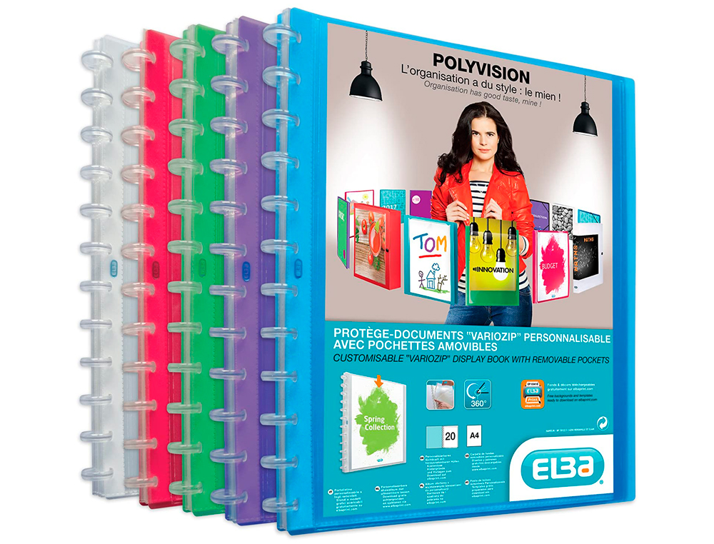 PROTÈGE-DOCUMENTS ELBA VARIO ZIP POLYVISION PP 5/10E A4 CAPACITÉ 40 POCHETTES 80 VUES LIVRÉ AVEC 20 POCHETTES ASSORTIES