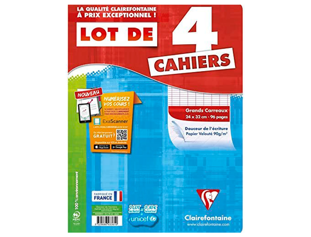 CAHIER PIQUE CLAIREFONTAINE COUVERTURE CARTE PELLICULEE 24X32CM 96 PAGES 90G SEYES LOT 4 UNITES